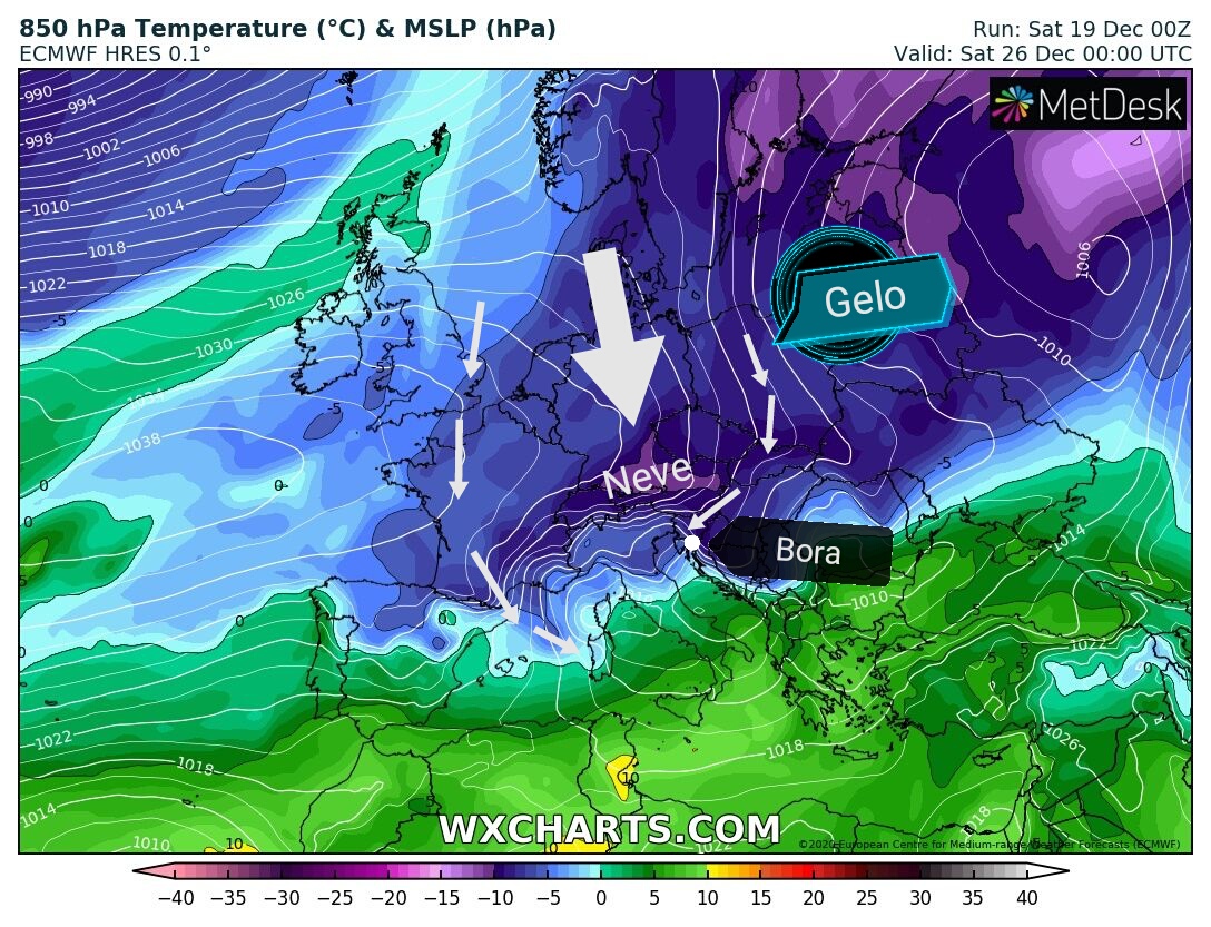 Sensibile calo termico nella prossima settimana, possibili nevicate in arrivo su Gorizia dopo Natale